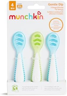 Colheres de Introdução Alimentar em Estágios Munchkin Gentle Dip | Para Bebês a partir de 4 Meses | Ideal para Baby-Led Weaning (BLW) | Design Ergonômico | Livre de BPA | Azul e Verde | Kit com 3