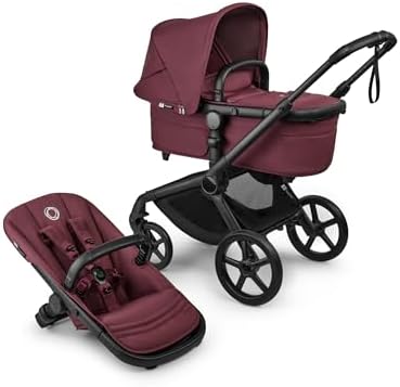 Bugaboo Carrinho de Bebê Fox 5 Renew All-Terrain, 2 em 1, com Suspensão Total, Fácil de Dobrar, Assento Extensível para Crianças, Manobrabilidade com Uma Só Mão, Chassi Preto e Capota Cereja Escura