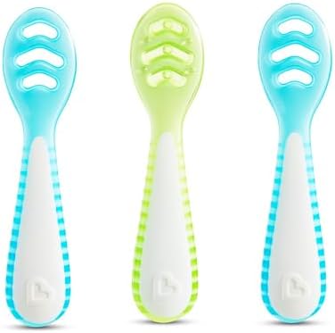 Colheres de Introdução Alimentar em Estágios Munchkin Gentle Dip | Para Bebês a partir de 4 Meses | Ideal para Baby-Led Weaning (BLW) | Design Ergonômico | Livre de BPA | Azul e Verde | Kit com 3