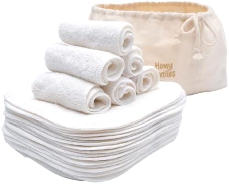 Pacote com 25 Toalhinhas de Bambu Reutilizáveis (Rosto e Bebê) – Toalhas de Flanela Macia de 20 cm x 20 cm com Bolsa Decorativa e Estilosa de 100% Algodão – Essenciais para Recém-Nascidos