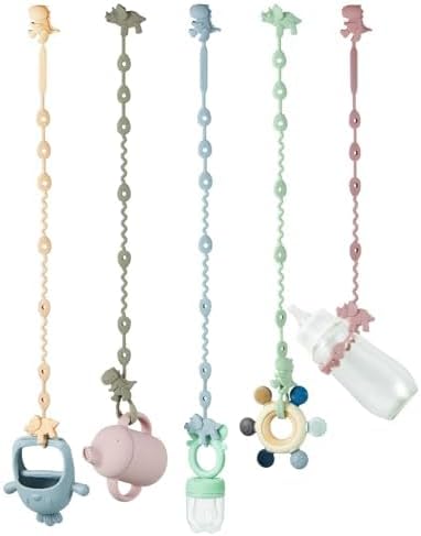 PandaEar Presilhas de silicone para brinquedos de bebê - Pacote com 5 unidades - Presilhas de segurança ajustáveis para chupeta e mordedor - Prendedores de silicone para mamadeiras, carrinhos de bebê, cadeiras de alimentação e berços.