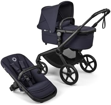 Bugaboo Carrinho de Bebê Fox 5 Renew All-Terrain, 2 em 1, com Suspensão Total, Fácil de Dobrar, Assento Extensível para Crianças, Manobrabilidade com Uma Só Mão, Chassi Preto e Capota Azul Índigo.