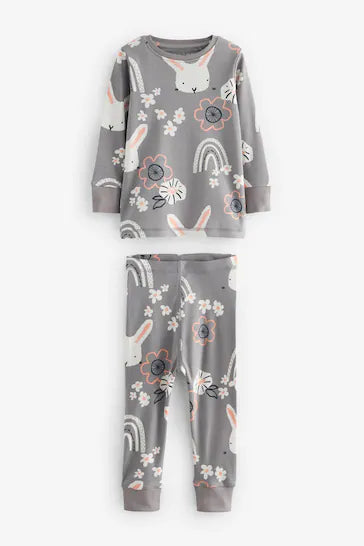 |Girl| Pacote De 3 Pijamas De Manga Comprida Estampados - Pink/Grey Bunny (9 meses a 10 anos)