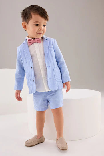 |BigBoy| Conjunto De Blazer, Camisa, Short E Gravata Borboleta De Linho Azul (3 meses - 9 anos)
