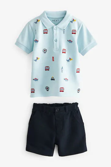 |Boy|  Conjunto de camisa pólo e shorts estampados - Azul (3 meses a 7 anos)