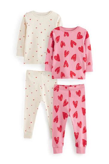 |Girl| Pacote De 2 Pijamas De Coração Rosa/Vermelho/Creme (9 meses a 12 anos)