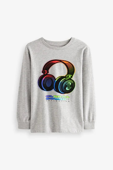 |Boy| Camisetas Gráficas de Manga Comprida, Pacote Com - Blue/Grey Rainbow Headphones 2 (3-16 anos)