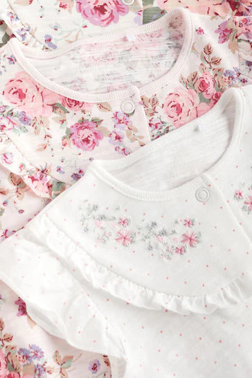 |BabyGirl| Pacote De 3 Macacões Para Bebê - Pink/White Floral
