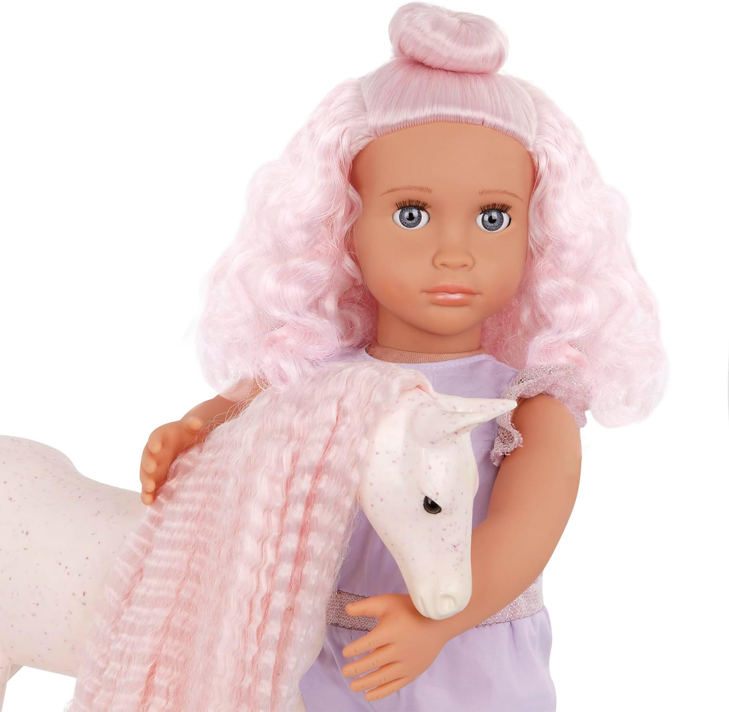 Boneca e Cavalo Elara e Lumina da Nossa Geração - Dupla de Boneca e Penteado de Potro de 18 polegadas, Cabelo Rosa, Brinquedo de Pentear Potro, Acessórios de Cabelo, Macacão Lilás, Para Crianças a partir dos 3 Anos