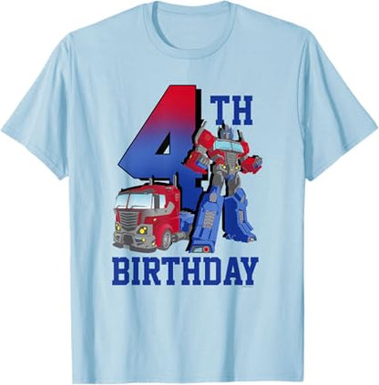 T-shirt com poster comemorativo do 4º aniversário do Optimus Prime de Transformers com efeito degradé
