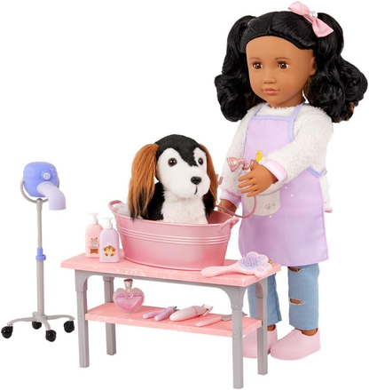 Kit de higiene para animais de estimação Our Generation para bonecas de 46 cm - com mesa de higiene, tabuleiro de lavagem e acessórios - Conjunto de higiene para animais de estimação Scrub & Style