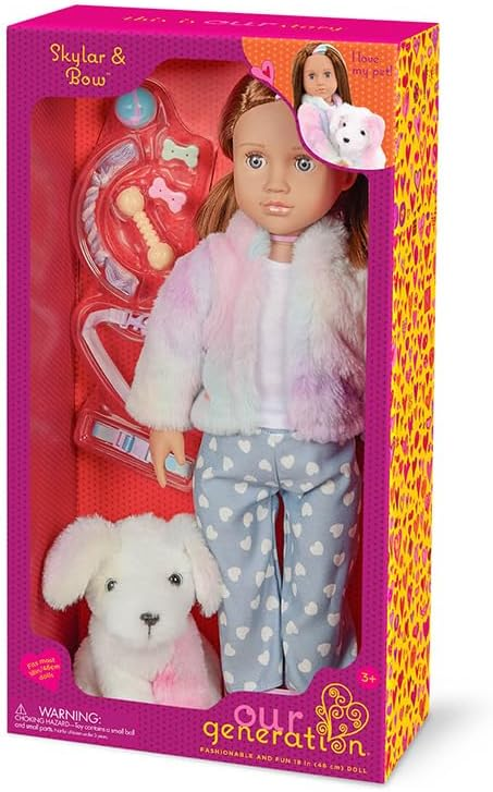 Our Generation – Conjunto de boneca de 45 cm e cachorro – Peluche arco-íris – Acessórios para cuidados com animais de estimação – Brincadeira de faz de conta – Brinquedos para crianças a partir dos 3 anos – Skylar e Bow