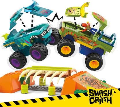 Mega Hot Wheels Monster Trucks Building Toy, Smash & Crash Wrex Boneyard Stunt Course com 332 peças, 2 figuras e 2 rampas, crianças de 5 anos ou mais, HKF89