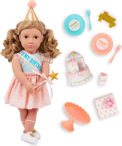 A Nossa Geração – Boneca de Aniversário de 45 cm – Olhos Castanhos Realistas e Cabelo Loiro Escuro Ondulado – Chapéu de Festa, Bolo e Acessórios Comemorativos – Brincadeira de Faz de Conta – Brinquedos para Crianças a partir dos 3 Anos – Romy