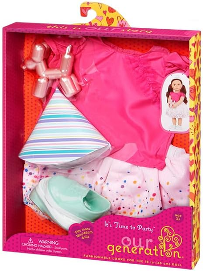 A Nossa Geração – Fato de Aniversário – Saia com Estampado de Confetis e Balão de Caniche – Roupa de Boneca de 18 Polegadas – Brincadeira de Faz de Conta – Brinquedos para Crianças a partir dos 3 Anos – Está na Hora de Festejar