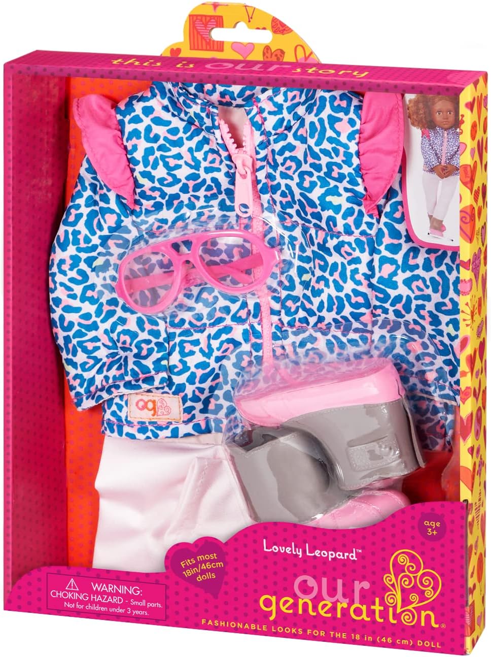 Nossa Geração - Lindo Conjunto de Leopardo - Jaqueta de Inverno com Estampa Animal e Óculos de Sol para Bonecas de 18 Polegadas - Conjunto de 4 Peças para Atividades ao Ar Livre