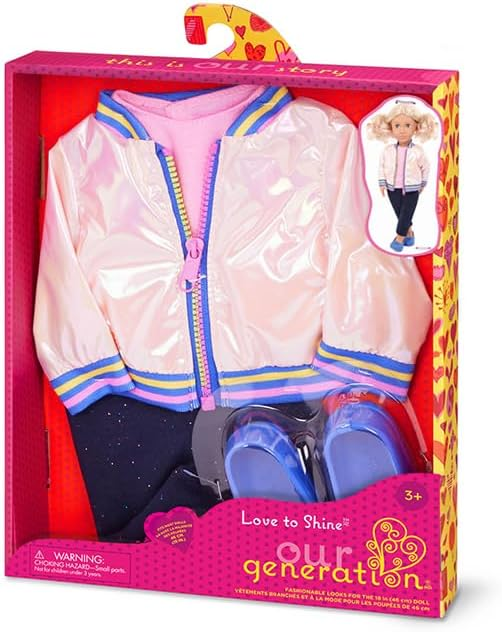 A Nossa Geração Adora Brilhar - Casaco Bomber Arco-Íris Rosa Brilhante e Conjunto de Roupa para Bonecas de 18 Polegadas, Conjunto de Moda, Fecho Funcional, Acessórios de Roupa para Brincadeiras de Faz de Conta