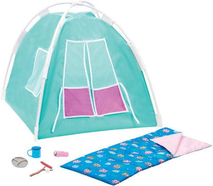 Conjunto de campismo Our Generation Happy Camper para bonecas de 18" - Brinquedo de aventura ao ar livre com tenda, saco-cama, acessórios para fogueira, pau de marshmallow, salsicha, prato de campismo e caneca - (boneca vendida em separado)