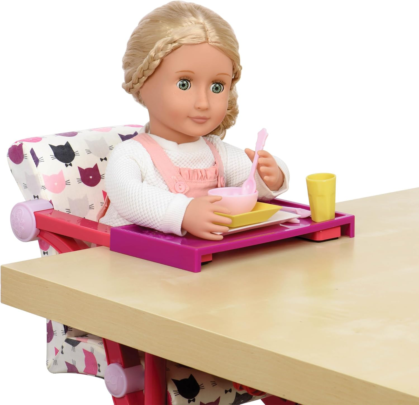 A Nossa Geração – Acessórios para bonecas de 45 cm – Cadeira de refeição de brincar – Assento elevatório – Brincadeira de faz de conta – Crianças a partir dos 3 anos – Cadeira de encaixe Let’s Hang - Estampa de gato