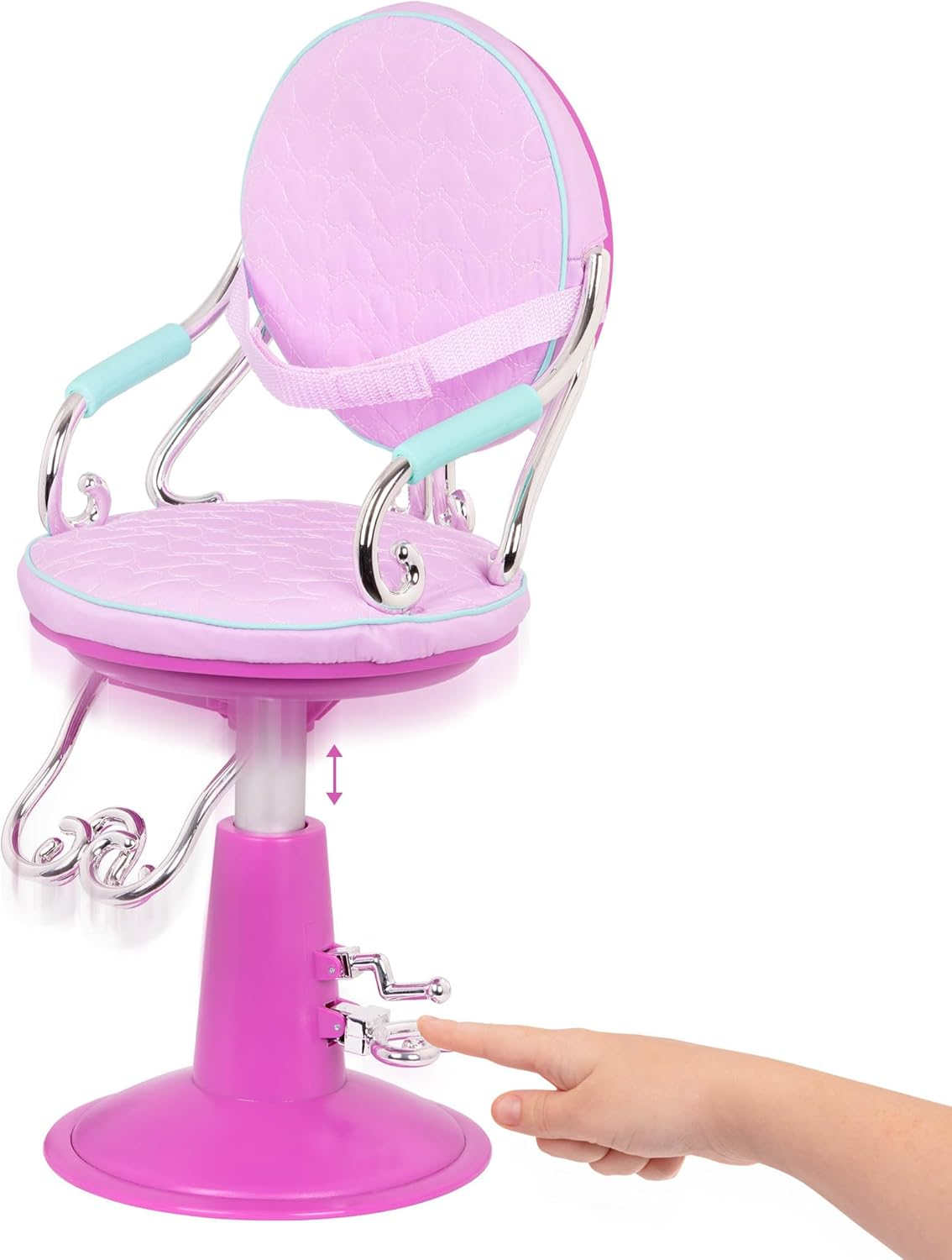 Our Generation – Conjunto de cadeira de salão ajustável – Secador de cabelo e ferramentas de modelação – Acessórios para bonecas de 45 cm – Brincadeira de faz de conta – Brinquedos para crianças a partir dos 3 anos – Cadeira de salão bonita e sentada