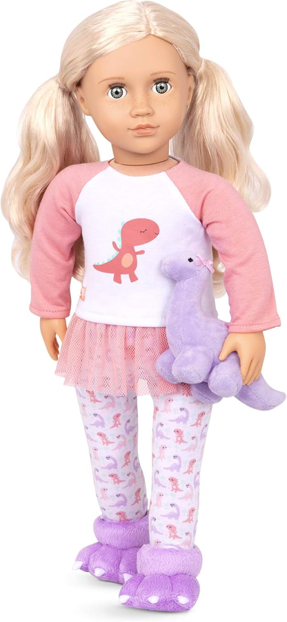 A Nossa Geração Sonhe Brilhante, Durma Bem - Conjunto de Pijama com Estampado Dinossauro Incluindo Brinquedo de Peluche Dino para Bonecas de 18 Polegadas - Conjunto de 4 Peças