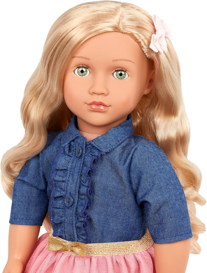 Our Generation Emily Girl Doll - Boneca de planeamento de festas de 45 cm com vestido rosa fofo, blusa de ganga da moda, corpo macio e fofinho, óculos estilosos, para maiores de 3 anos