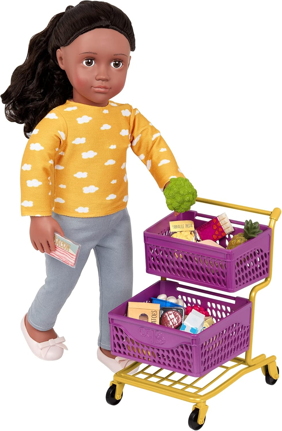 A Nossa Geração – Conjunto de compras de supermercado – Comida de brincar – Acessórios para bonecas de 45 cm – Brincadeira de faz de conta – Crianças a partir dos 3 anos – Carrinho de compras no mercado