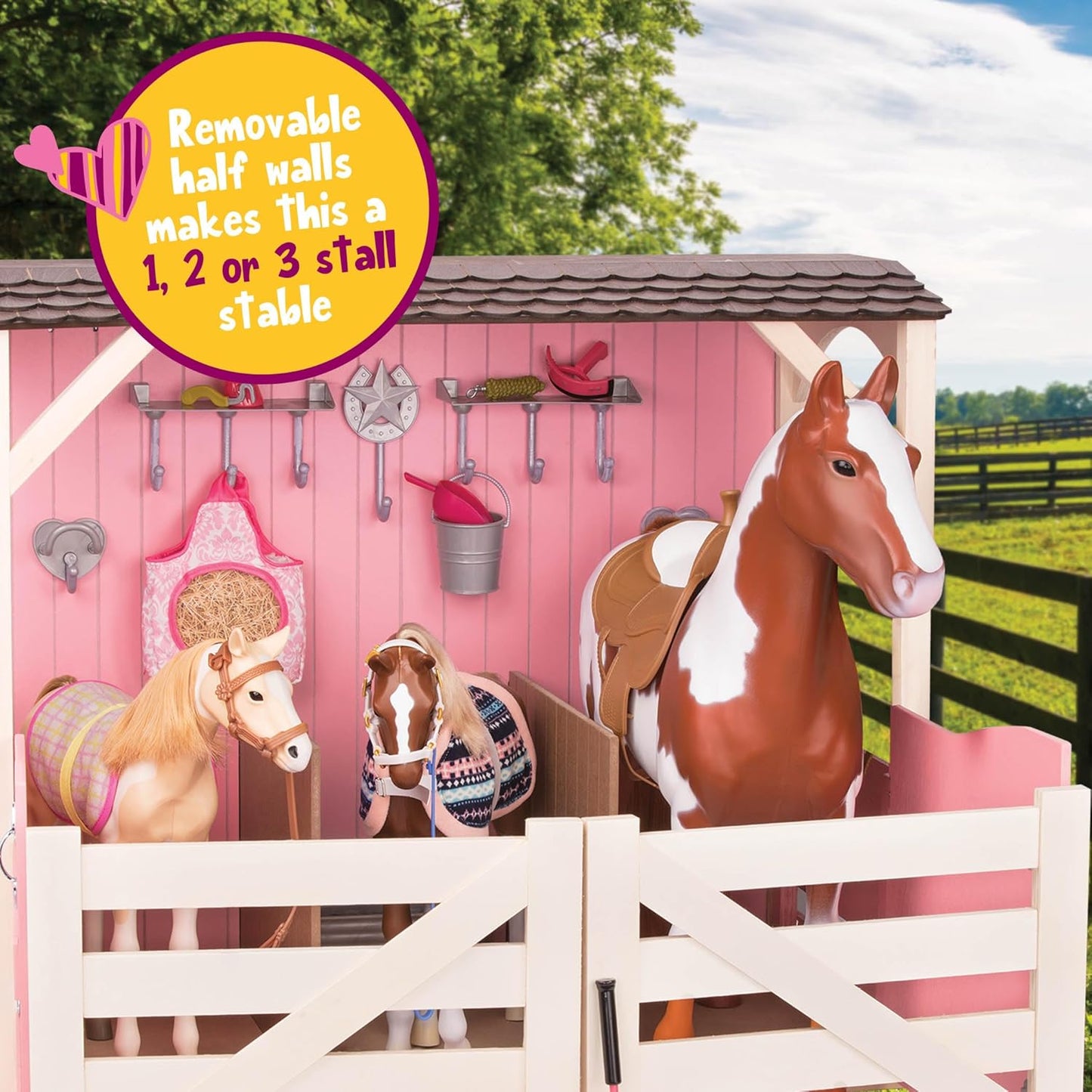 A Nossa Geração – Acessórios para Bonecas de 18 Polegadas – Estábulo para Cavalos – Conjunto de Brinquedos para Celeiros – Brinquedos para Cavalos – 3+ Anos – Sela – Estábulos para Cavalos