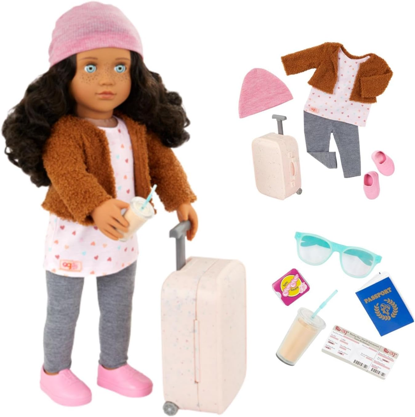 Our Generation Lisandra - Boneca de Viagem de 45 cm com Mala de Rodinhas, Características Realistas e Equipamento de Viagem - Roupa e Acessórios para Bonecas Compatíveis - Idades 3+