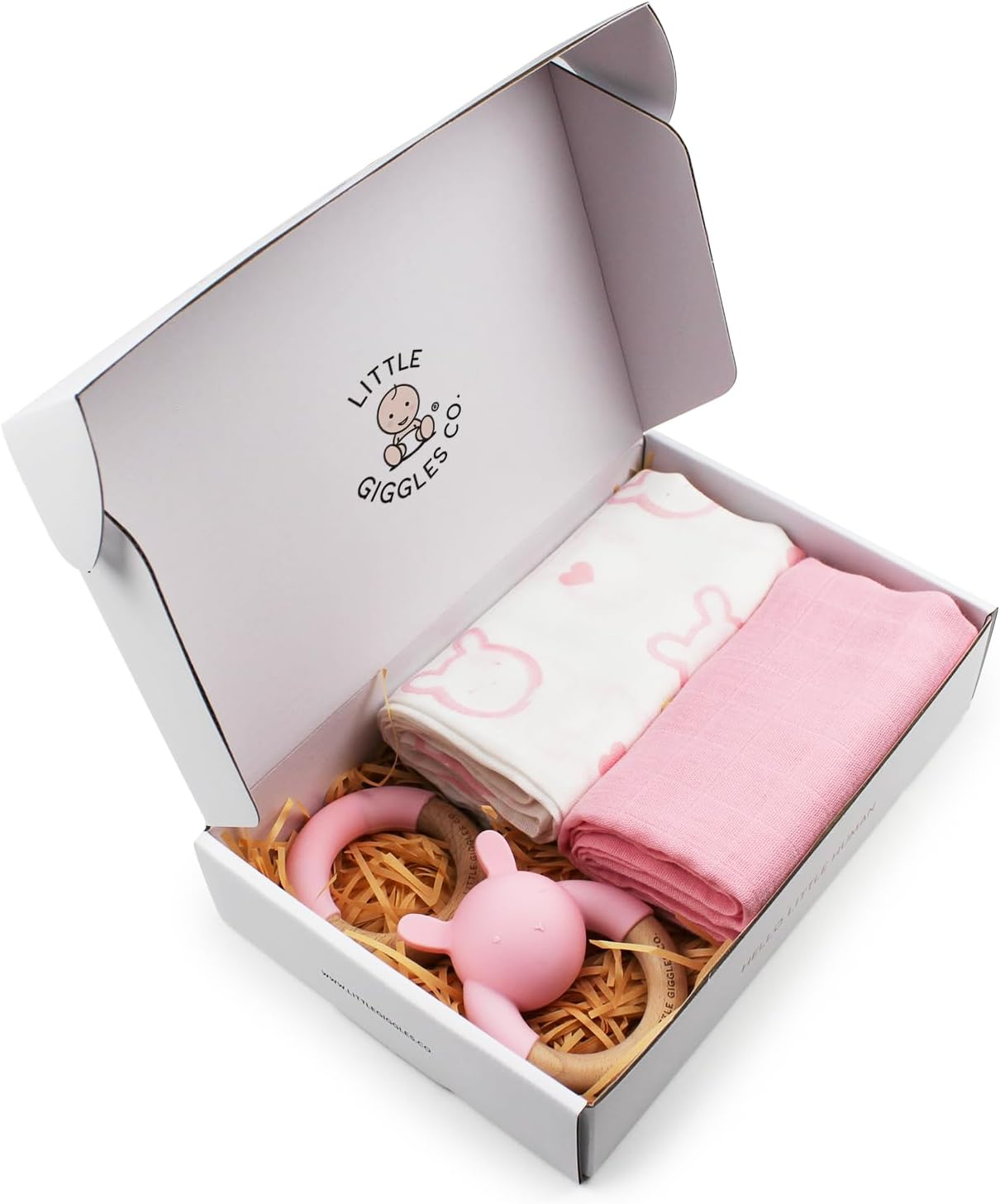 Little Giggles Co.® Conjunto de Brinquedos para Bebé – Inclui chocalho sensorial, anel de dentição calmante e panos grandes de musselina macia 100% algodão. Essenciais para recém-nascidos e ideia perfeita de presente para chá de bebé.