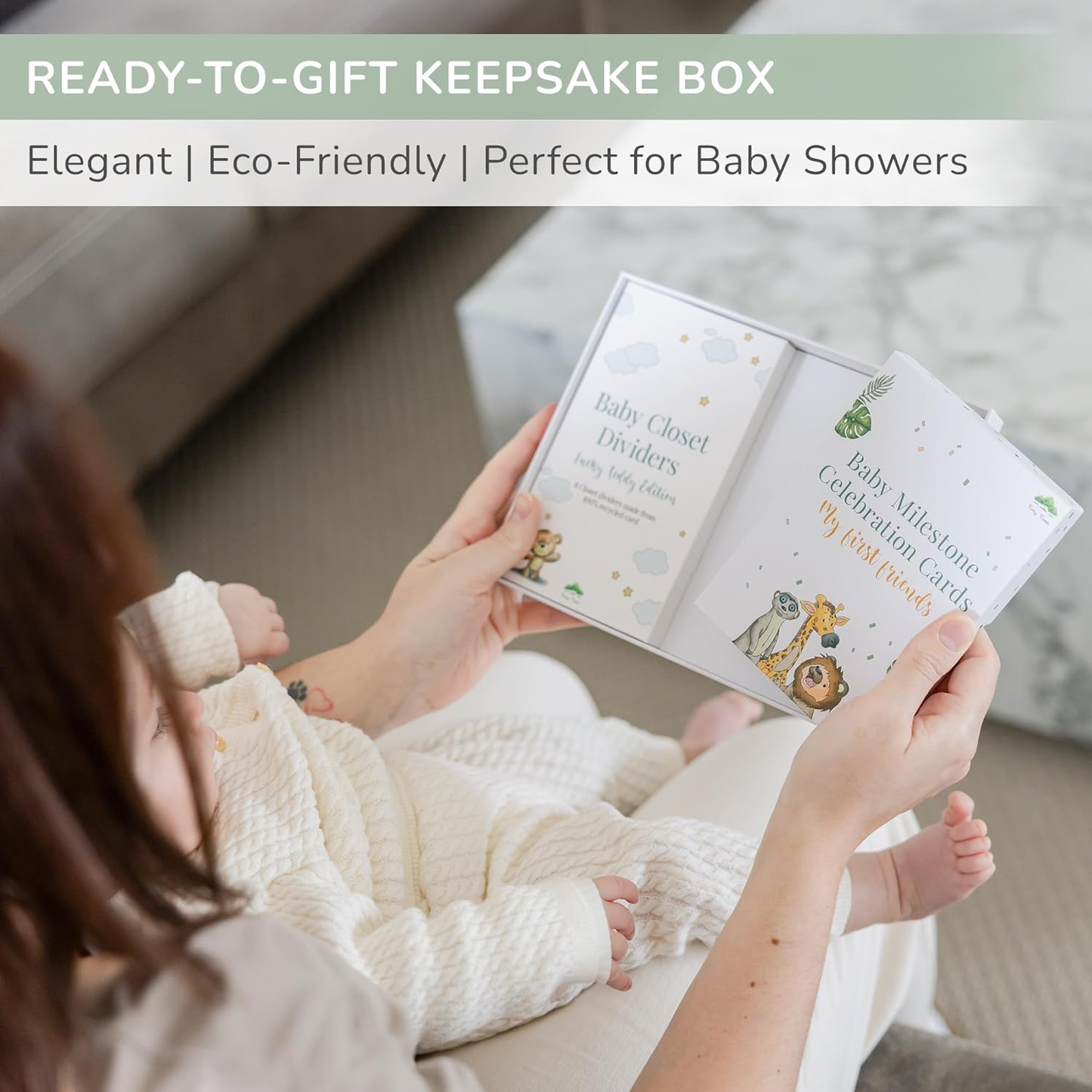 Conjunto de presentes para marcos de bebé Tiny Trees - Caixa de presentes e lembranças premium - Cartões de marcos, divisórias de armário, placa de boas-vindas e placa de sono - Presentes perfeitos para pais recém-nascidos
