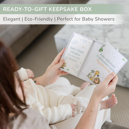 Conjunto de presentes para marcos de bebé Tiny Trees - Caixa de presentes e lembranças premium - Cartões de marcos, divisórias de armário, placa de boas-vindas e placa de sono - Presentes perfeitos para pais recém-nascidos