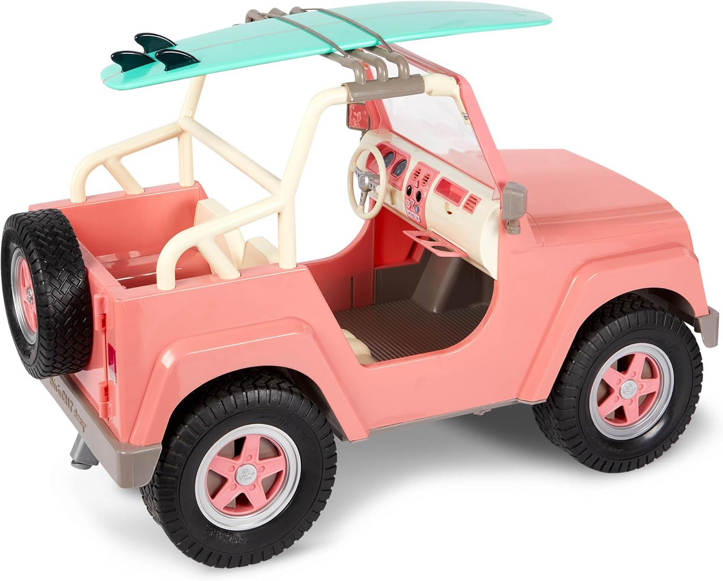 Our Generation OG Off Roader – Conjunto de veículos 4x4 para bonecas de 18 polegadas, veículo com tema de praia com prancha de surf, carro rosa salmão, luzes de trabalho, limpa-para-brisas, altifalantes, jogo realista