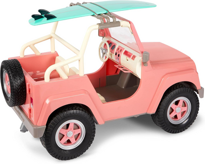 Our Generation OG Off Roader – Conjunto de veículos 4x4 para bonecas de 18 polegadas, veículo com tema de praia com prancha de surf, carro rosa salmão, luzes de trabalho, limpa-para-brisas, altifalantes, jogo realista