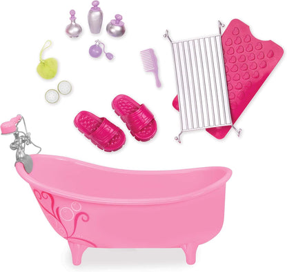 Our Generation - Banheira rosa com acessórios - Acessórios para bonecas de 46 cm, com tapete de banho, toalha de coruja rosa e acessórios de banho - a partir dos 3 anos - 45416