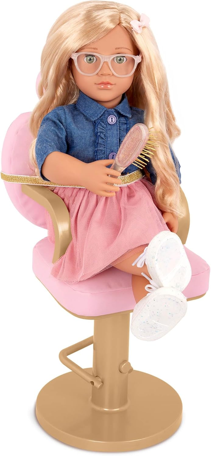 Our Generation Conjunto de Cadeiras de Salão Sweet Styles : acessórios de cabeleireiro para bonecas de 45 cm. Inclui cadeira ajustável, sons realistas e itens de penteado. Ideal para brincadeiras criativas de salão. Para crianças a partir de 3 anos.