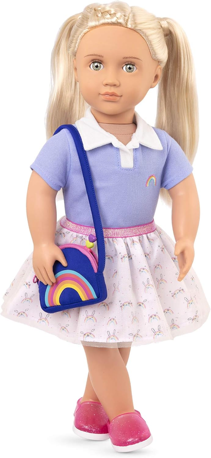 Fato da Academia Arco-Íris da Nossa Geração – Uniforme escolar multicolorido com acessórios arco-íris para bonecas de 45 cm – Conjunto de roupa de 5 peças