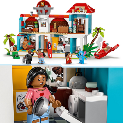LEGO ǀ Disney Lilo and Stitch Beach House Building Kit, conjunto de construção detalhado para crianças e fãs, opções divertidas de brincadeira de faz de conta para meninas e meninos que adoram as personagens e naves espaciais 43268