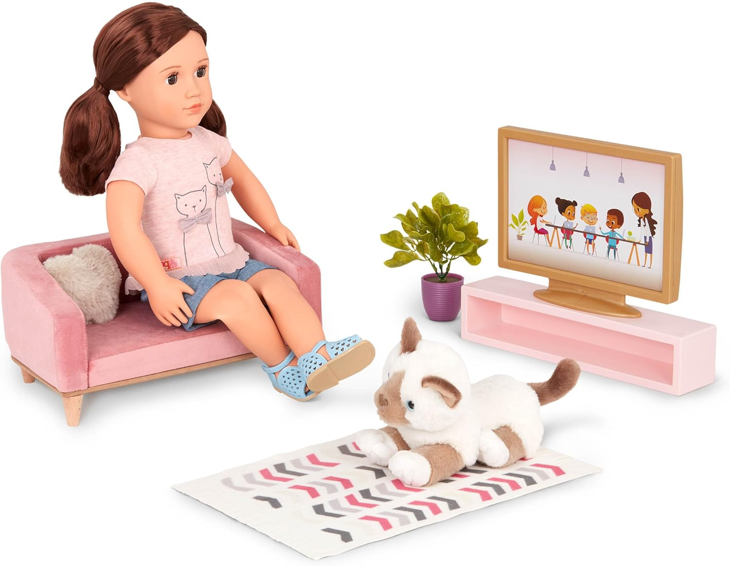 A Nossa Geração – Móveis para Casa de Bonecas – Sofá, Tapete e Conjunto de TV – Acessórios para Bonecas de 18 Polegadas – Brincadeiras de Faz de Conta – Brinquedos para Crianças a partir dos 3 anos – Conjunto de Sala OG Lovely