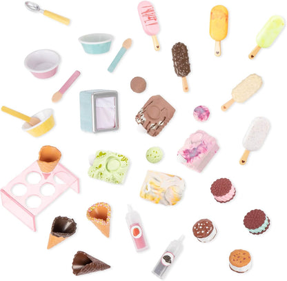 Carrinho de gelados Our Generation Two - Conjunto de gelados para bonecas de 45 cm, carrinho de comida de brincar, jogo de faz de conta para bonecas, conjunto de acessórios com 34 peças, para crianças a partir dos 3 anos