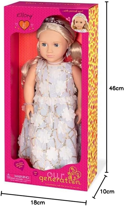 Our Generation – Boneca de 45 cm com vestido floral – Cabelo loiro e olhos azuis – Acessórios de joalharia – Brincadeira de faz de conta – Brinquedos para crianças a partir dos 3 anos – Ellory