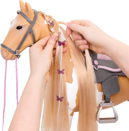 Our Generation Palomino Paint Horse – Cavalo de brinquedo de 50 cm com crina e cauda loiras compridas – Inclui conjunto de acessórios de 6 peças
