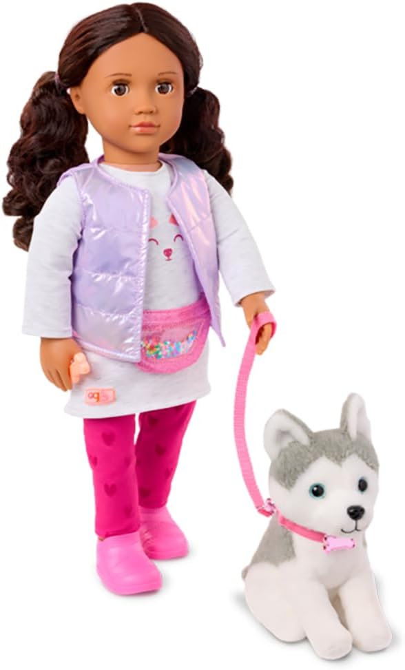 Our Generation – Boneca de 45 cm e conjunto de cãozinho de estimação – Olhos castanho-escuros realistas e cabelo castanho-escuro ondulado – Peluche Husky Dog e acessórios – Brincadeira de faz de conta – Estella e Evi