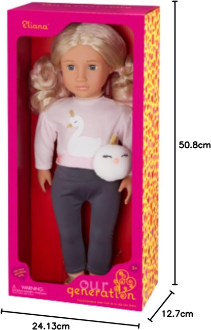 Eliana da Nossa Geração - Boneca de moda de 45 cm com roupa temática de cisne, olhos cinzentos e cabelo loiro elegante - Roupa e acessórios de boneca compatíveis - Idades 3+
