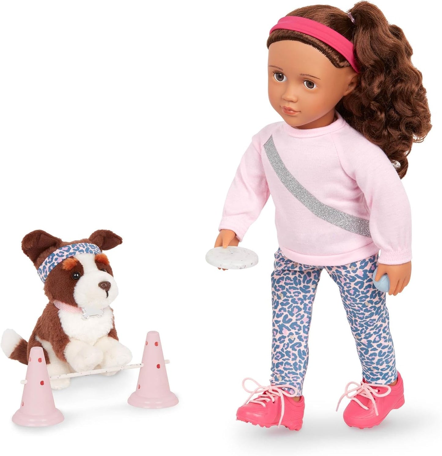Conjunto de treino de agilidade para bonecas Our Generation 45 cm com animais de estimação Natalia e Nillie – Acessórios de brincadeira de 46 cm para bonecas e cães – Brinquedo de faz de conta educativo para crianças a partir de 3 anos