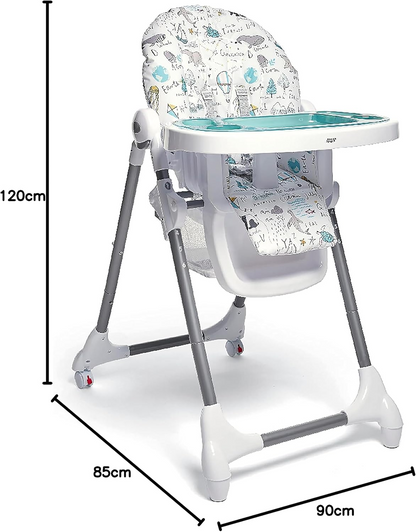Cadeira de refeição ajustável Mamas & Papas Snax, reclinável, dobrável com tabuleiro amovível, Happy Planet