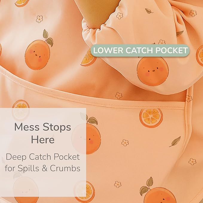 Babete de manga comprida Tiny Trees para bebé com bolso – Macacão impermeável para desmame, blusa grande para bebé e criança dos 6 aos 36 meses – Fácil de limpar, leve, resistente a manchas, à prova de puxões e lavável à máquina