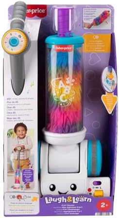 Fisher-Price Aspirador de pó 2 em 1 Laugh & Learn com espanador, luzes e música para brincadeiras de faz de conta para crianças a partir de 2 anos, versão multilíngue, JMM33