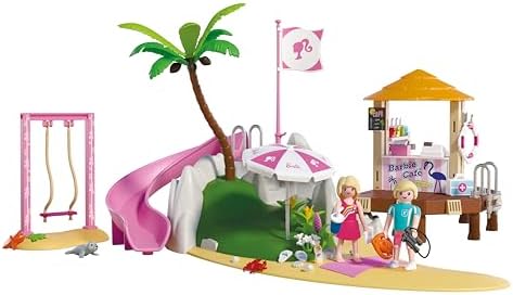 Playmobil | Barbie x Barbie Beach Café | Aventura de Verão com Barbie e Ken | Com Balanço, Escorregador e Animais | Conjunto Criativo para Crianças a partir de 4 Anos | 72121