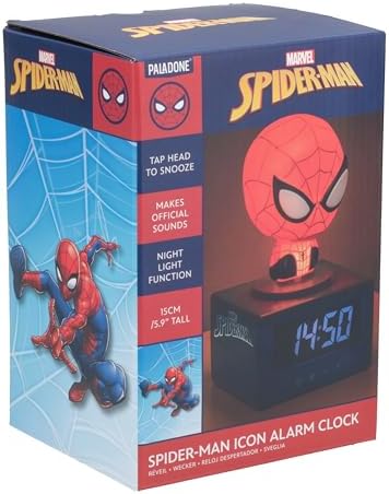 Despertador digital Paladone Marvel Homem-Aranha com luz noturna e música, decoração oficial licenciada do MCU para quarto de crianças e adolescentes, funciona a bateria, rosa.